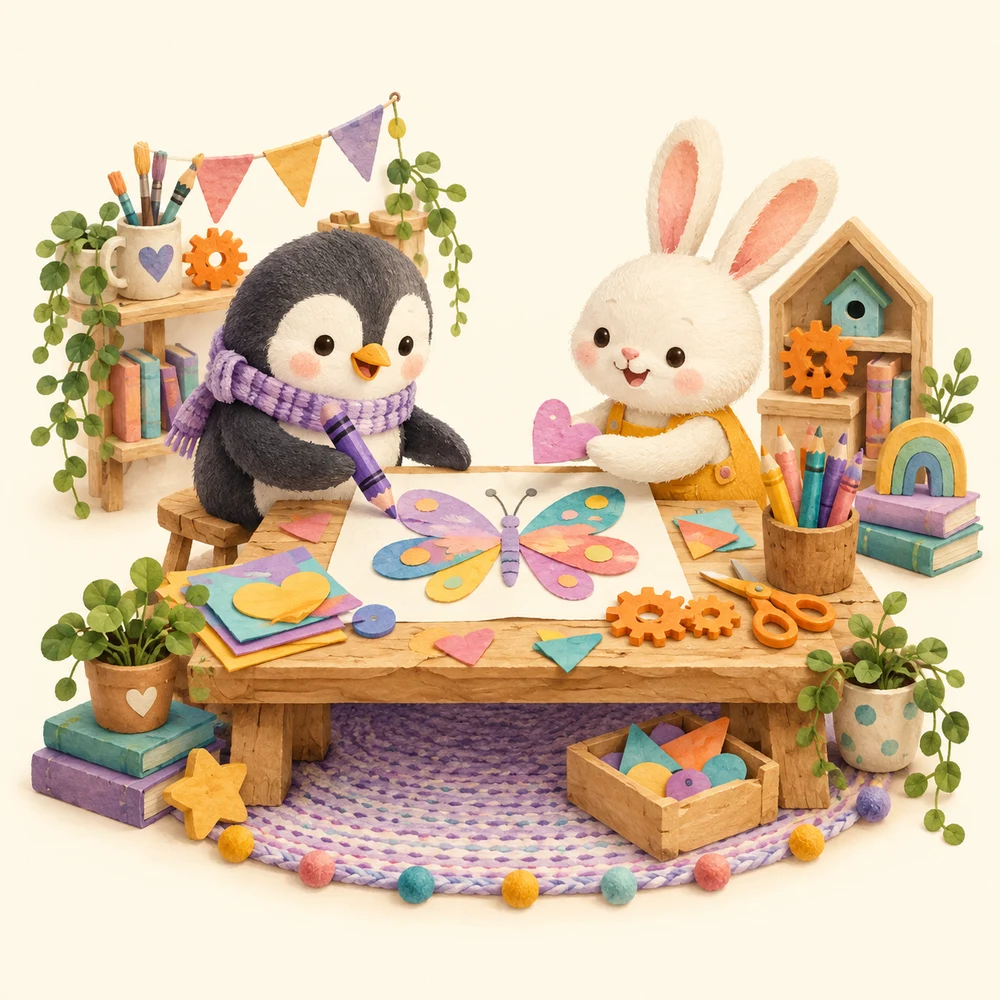 A penguin and rabbit exploring colors and paper shapes together at a creative workshop.
