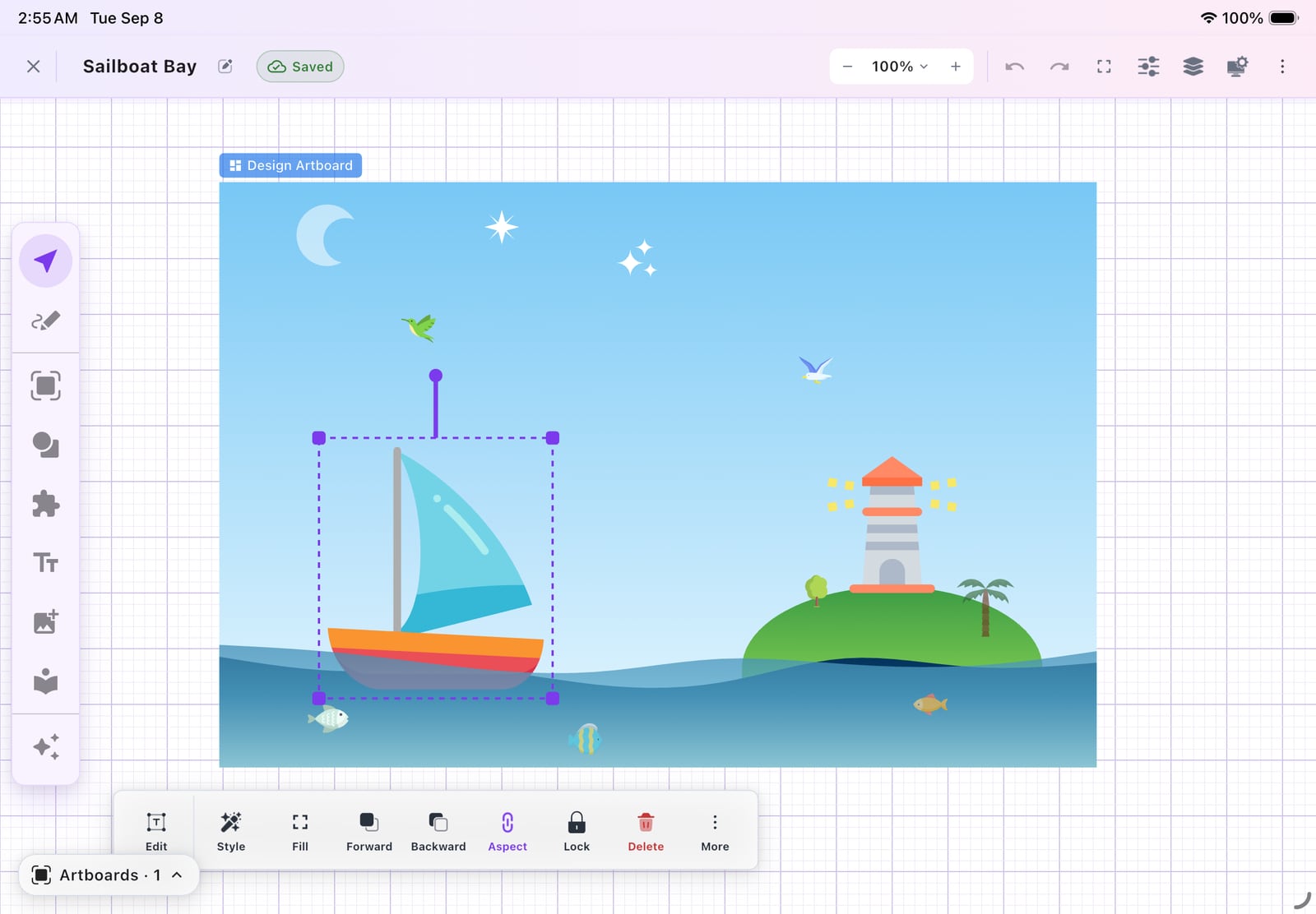 KiCreate Studio canvas showing a sailboat, lighthouse, ocean, and flying birds.