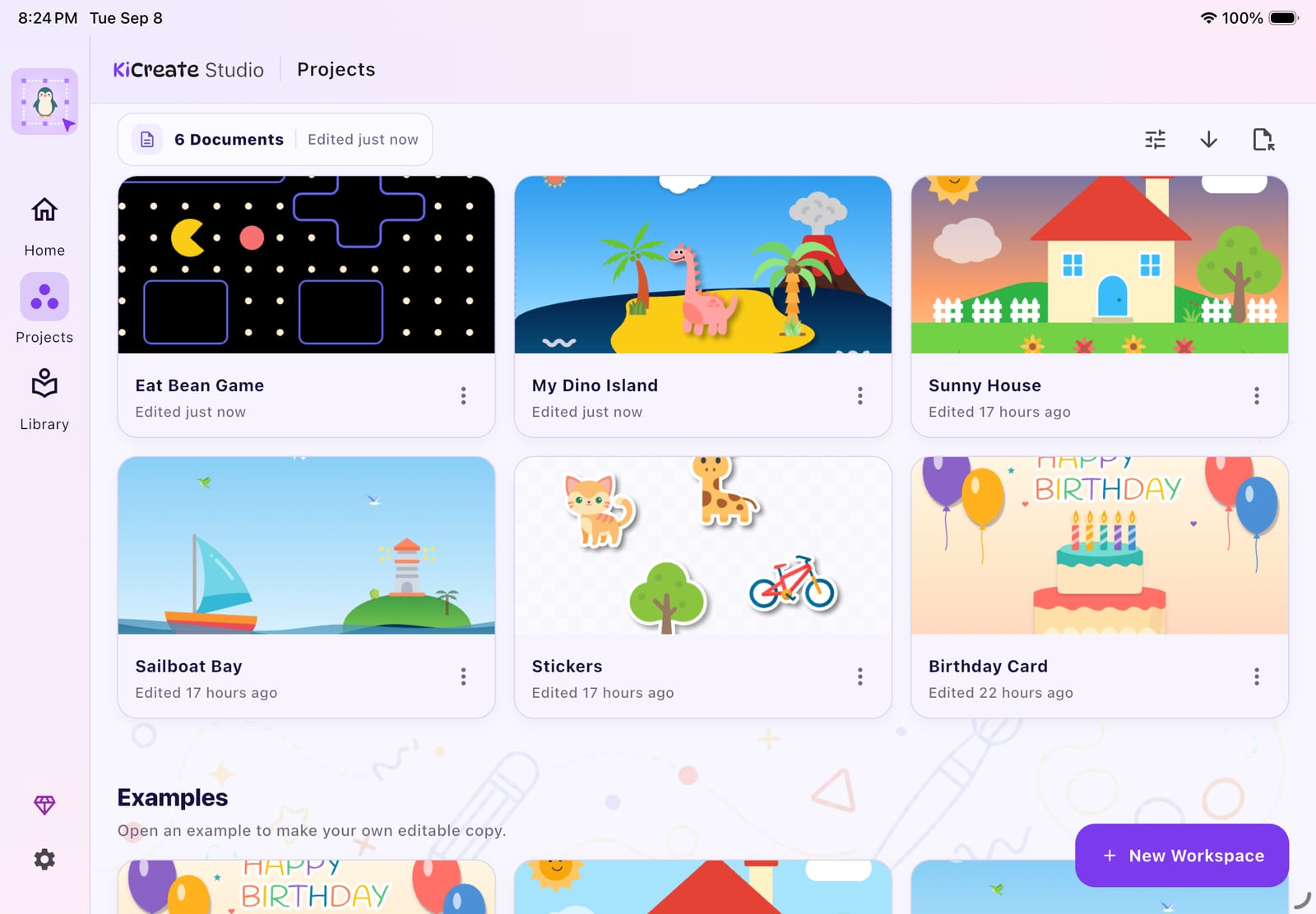 KiCreate Studio project library showing island, sailboat, sticker, house, and birthday card creations.