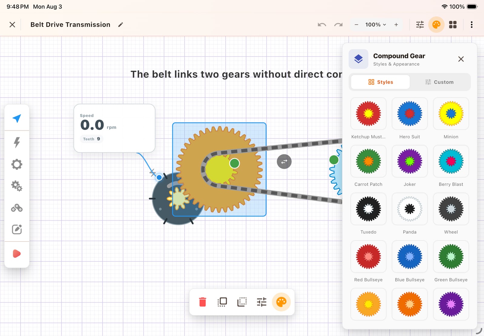 KiGears Lab belt-drive design with the gear component picker open.