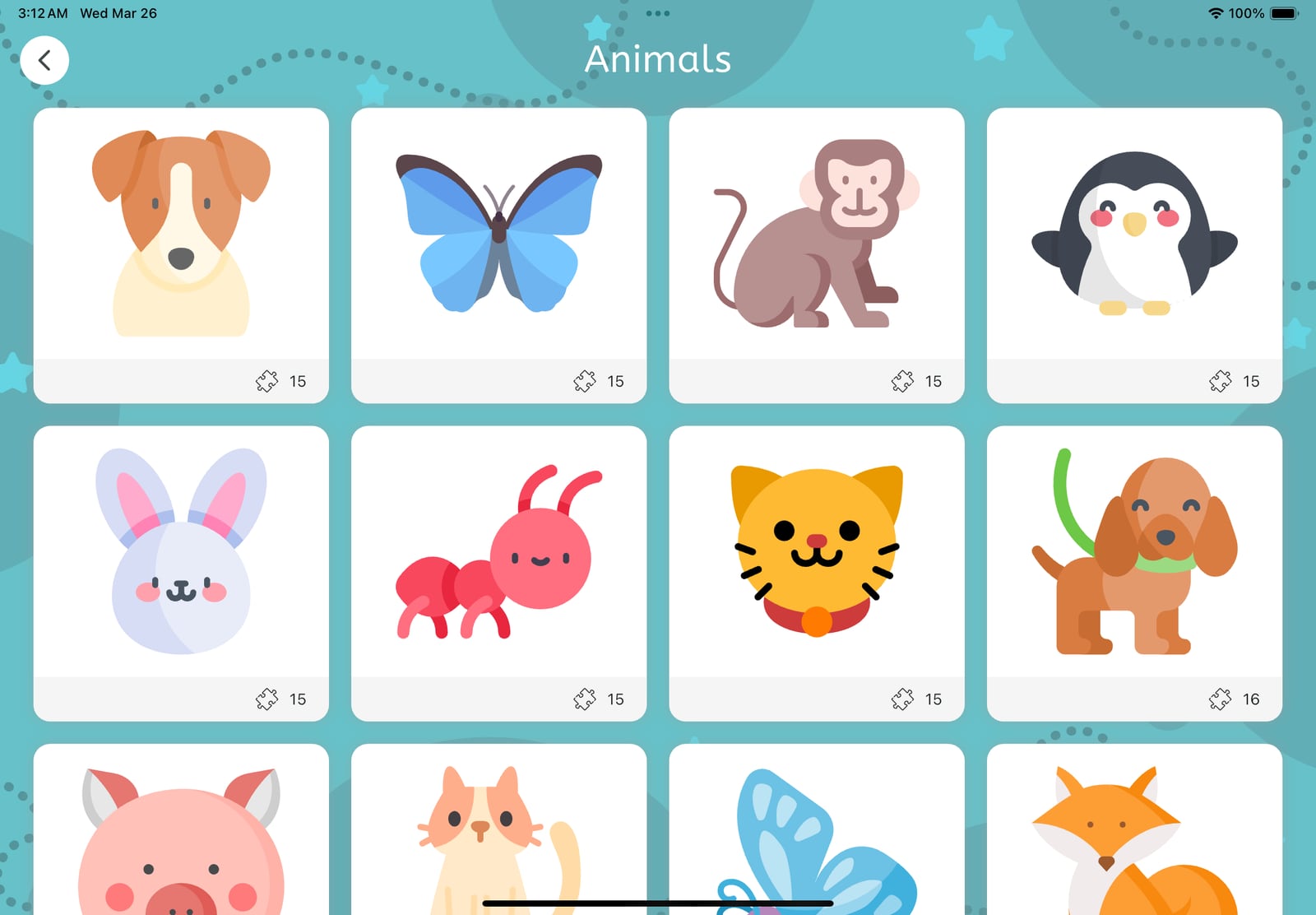 Piecelet animal puzzle collection showing a dog, butterfly, monkey, penguin, and more.
