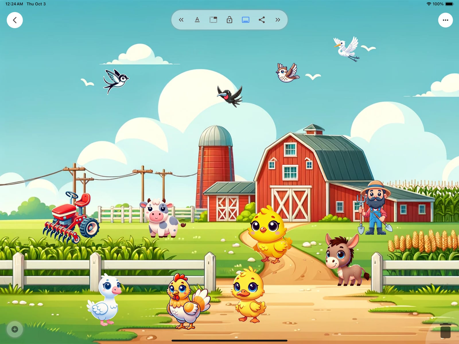 Stickerlet farm scene with a red barn, birds, ducks, and other animal stickers.