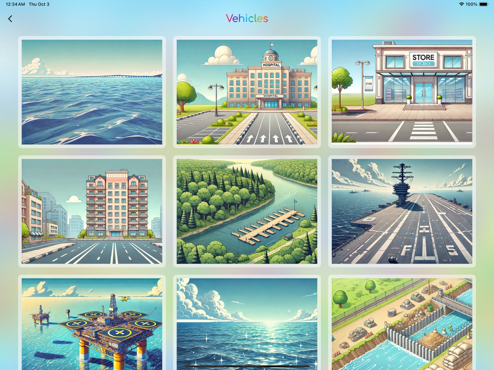 Stickerlet vehicle scene collection with city, ocean, railway, and airport backgrounds.